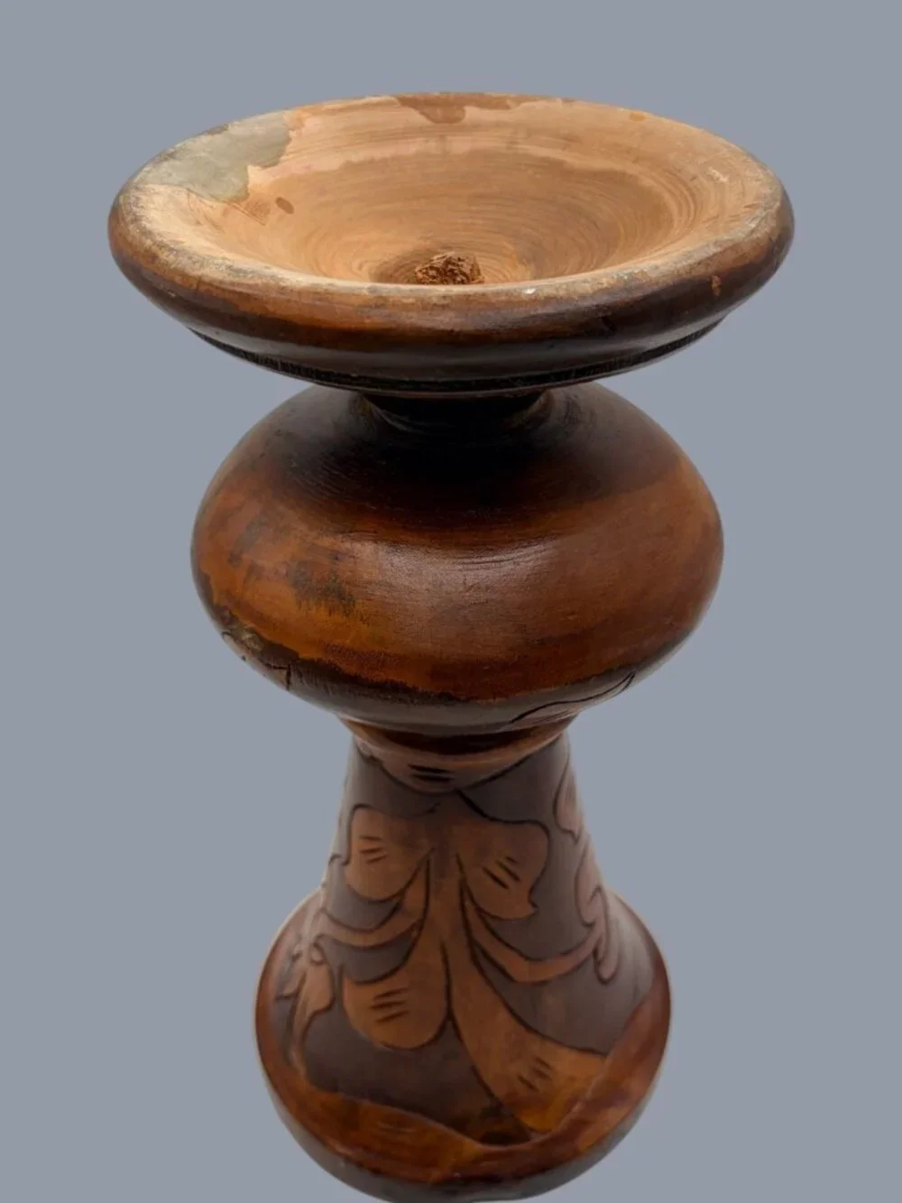 Vintage Hand Carved Wood Vase Floral Motif Pedestal Urn Rustic Decor 11